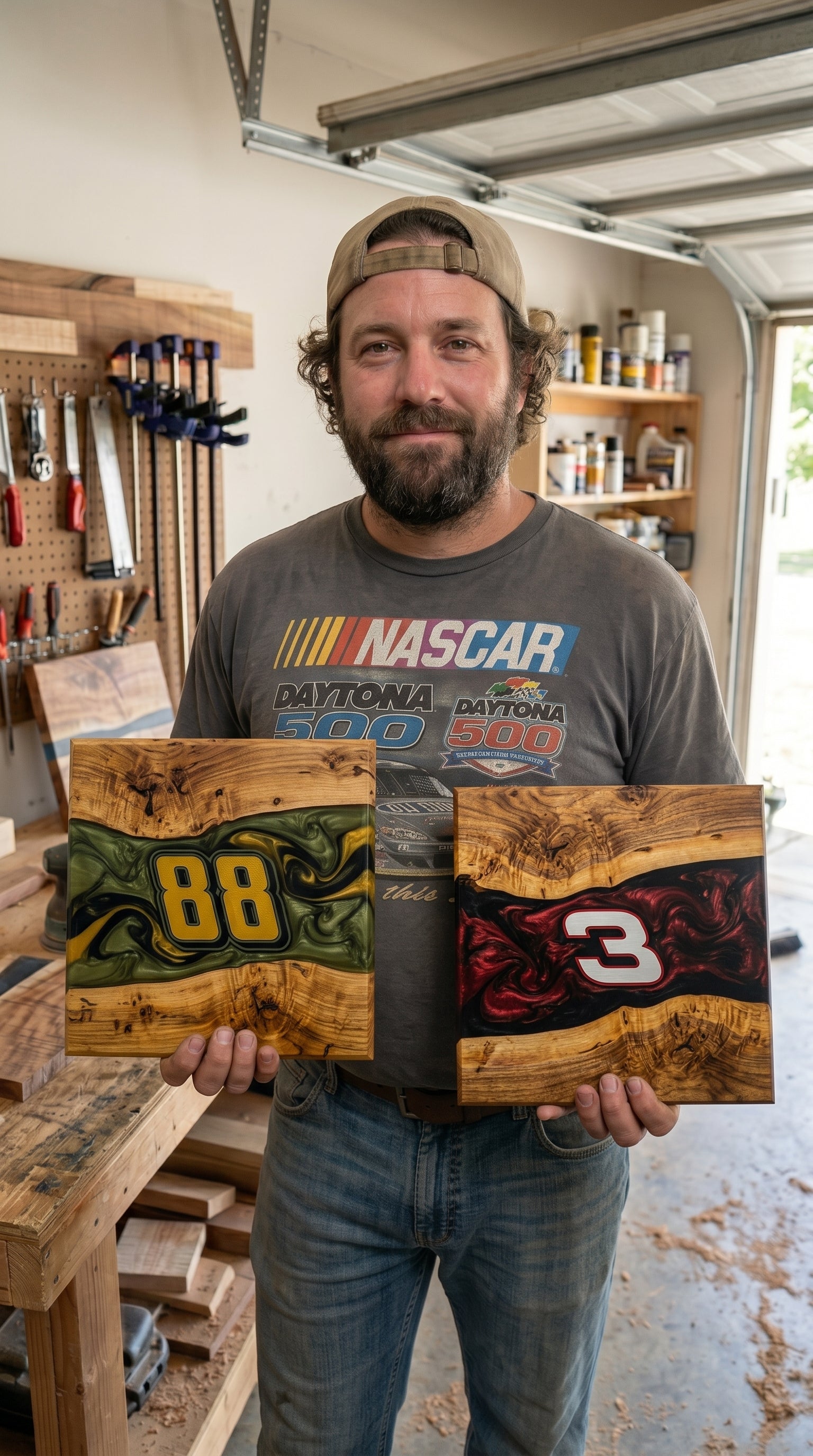 The maker holding two finished boards in his garage